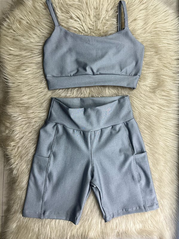 Conjunto Short Bolso+Top Alça Reta Cor  Cinza Mescla(Jeans)