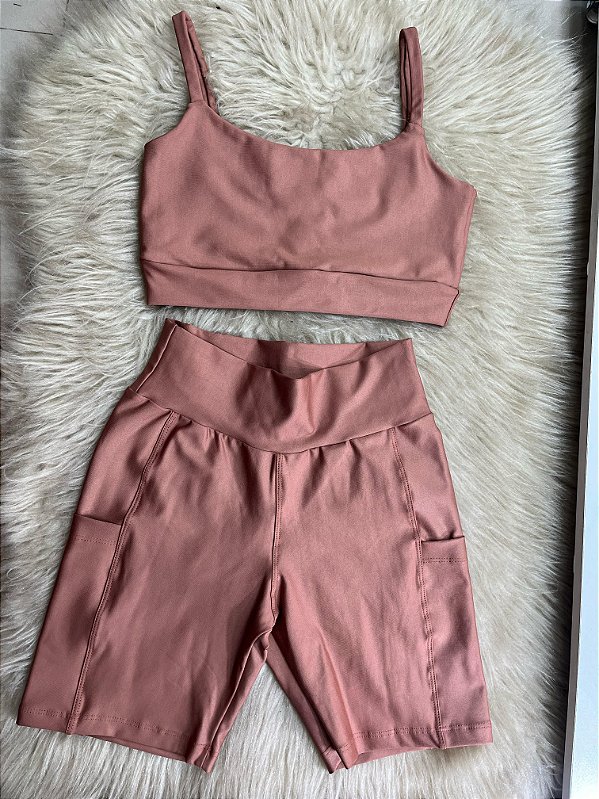 Conjunto Short Bolso+Top Alça Reta Cor Avela