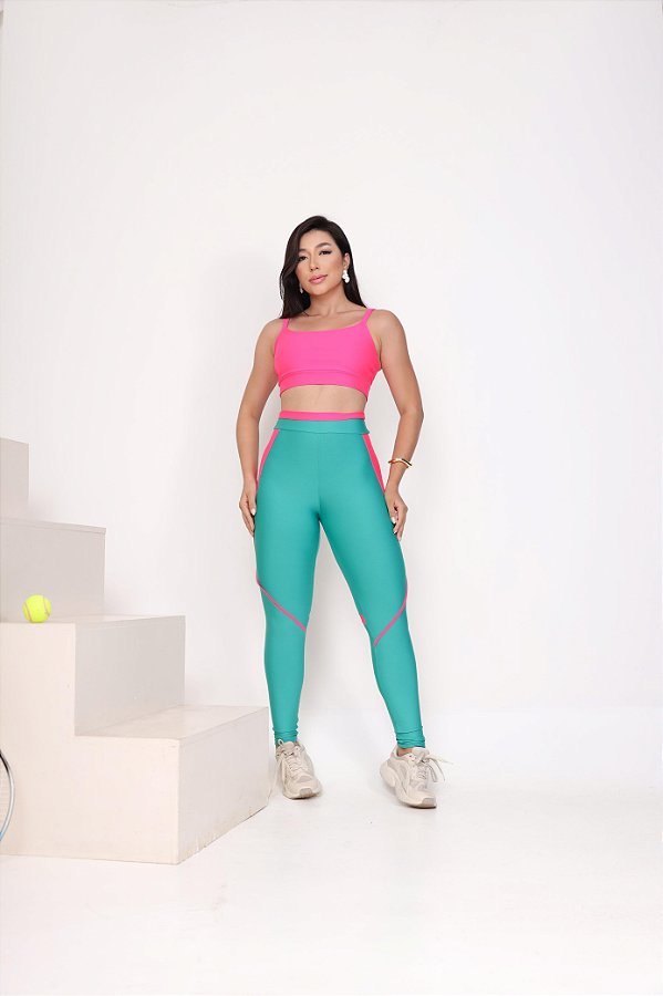 Conjunto Legging Vivo+Top Alça Reta Cor Verde Esmeralda+Rosa Neon