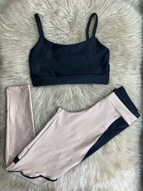 Conjunto Legging Vivo+Top Alça Reta Cor Canela(Nude)+Preto