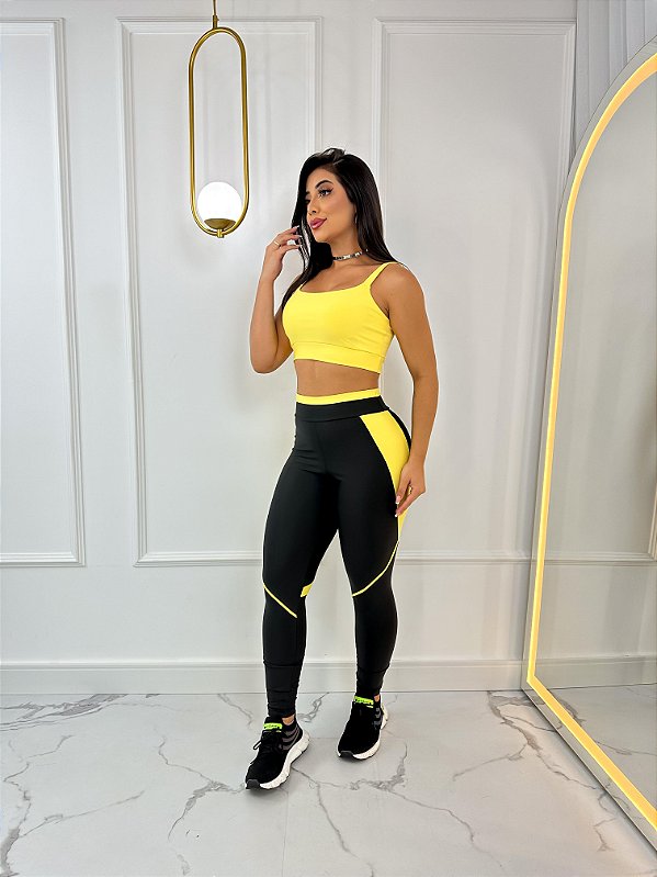 Conjunto Legging Vivo+Top Alça Reta Cor Preto+Amarelo bb