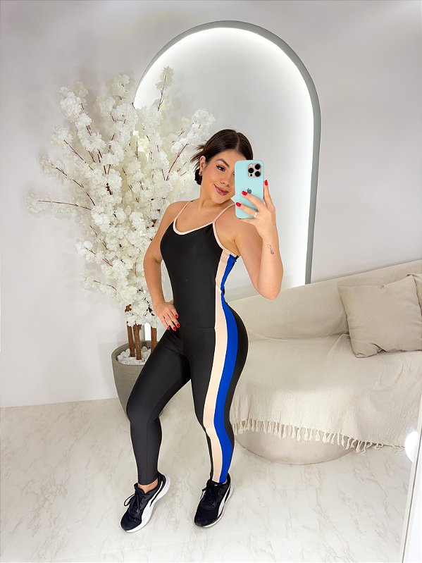 Macacão Listra Longo Cor Preto+Azul Royal/Canela