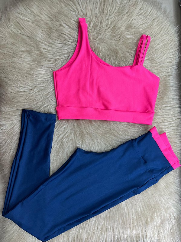 Conjunto Legging Marcela+ Top Cor Azul Marinho+Rosa Neon