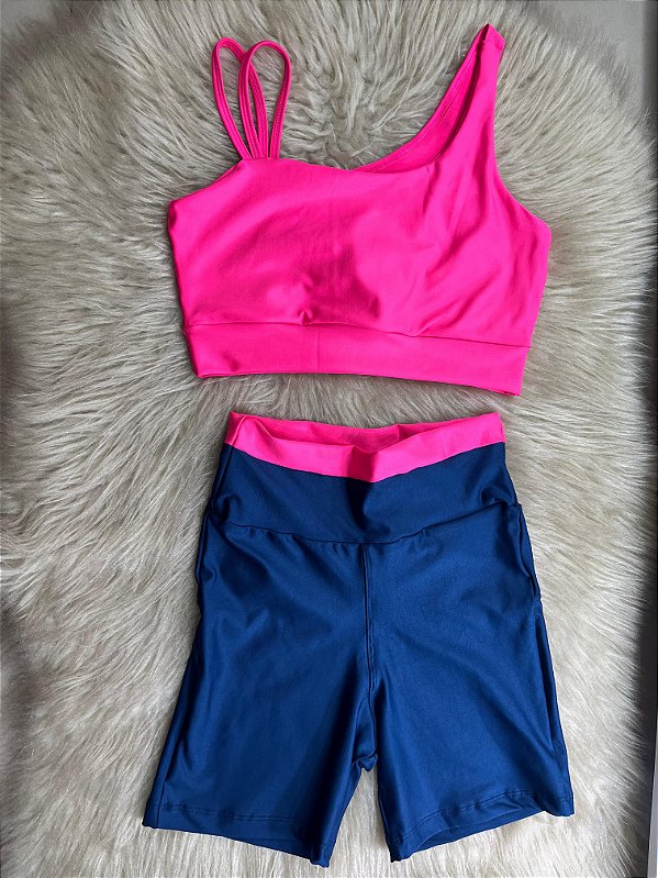 Conjunto Short Marcela+Top Cor Azul Marinho+Rosa Neon