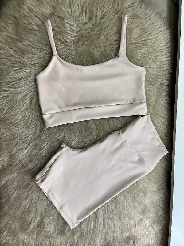 Conjunto Short Meia Coxa+ Top Alça Reta Cor Canela(Nude)