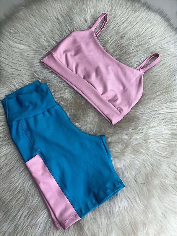 Conjunto Short Bolso+Top Alça Reta Cor Verde Petroleo+Rosa BB