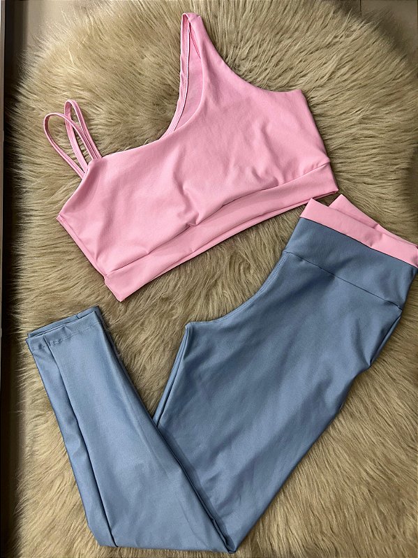 Conjunto Legging Marcela+ Top Cor Azul Celeste+Rosa BB