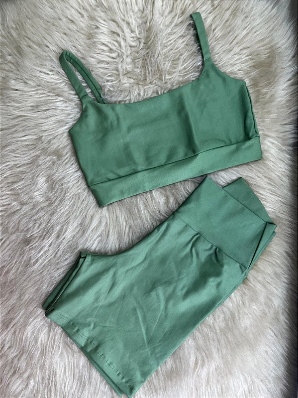 Conjunto Short Meia Coxa+ Top Alça Reta Cor Verde Oliva