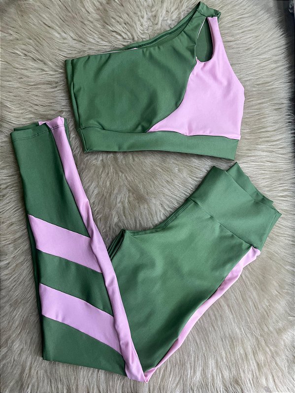 Conjunto Legging Isabela+Top Cor Verde Oliva+Rosa BB