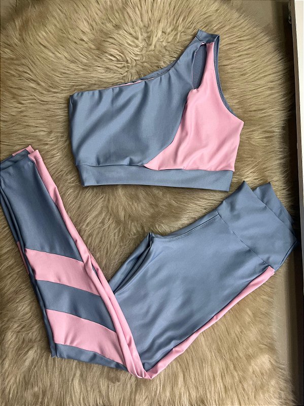 Conjunto Legging Isabela+Top Cor Azul Celeste+Rosa BB
