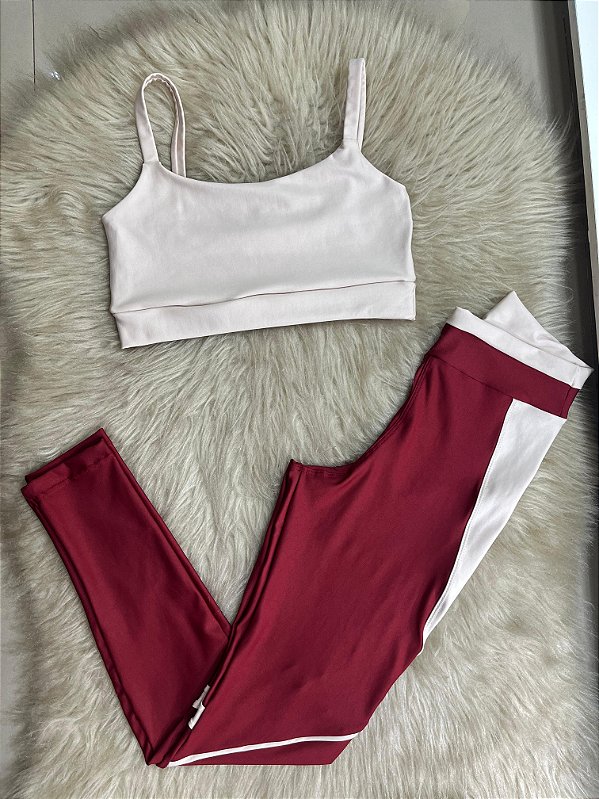 Conjunto Legging Vivo+Top Alça Reta Cor Marsala+Canela(Nude)