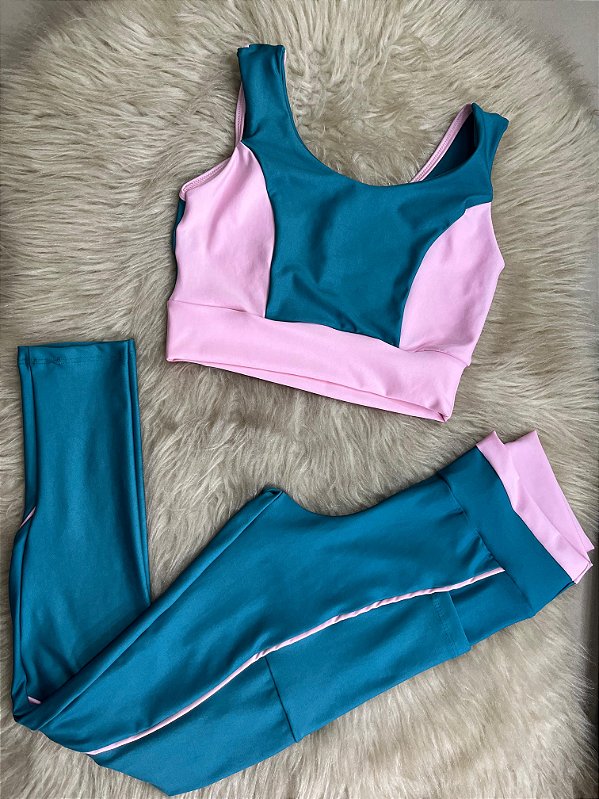 Conjunto Legging Bolso Vivo+Top Cor Verde Petróleo+Rosa BB