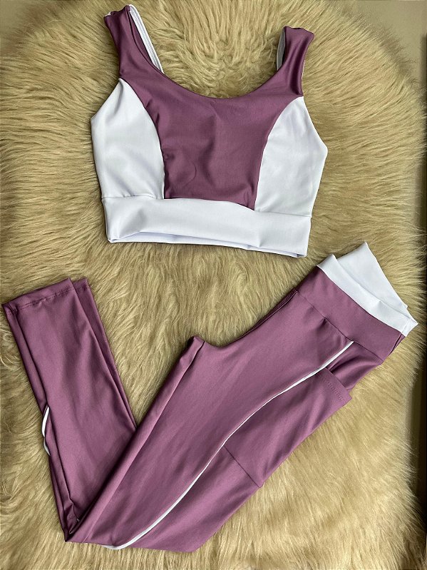 Conjunto Legging Bolso Vivo+Top Cor Orquidea+Branco