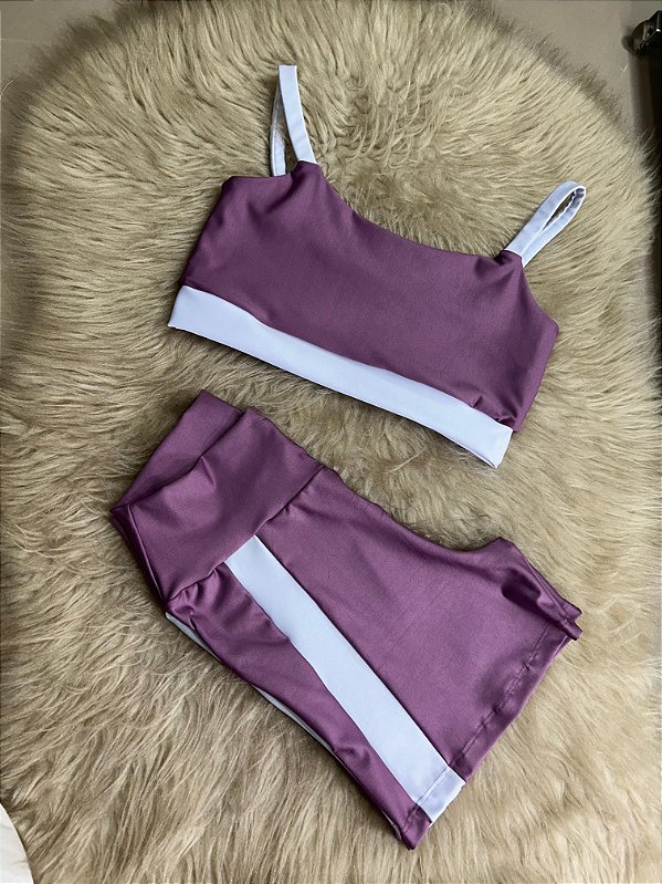 Conjunto Short Aline+Top Alça Reta Cor Orquidea+Branco