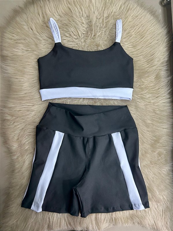 Conjunto Short Aline+Top Alça Reta Cor Preto+Branco