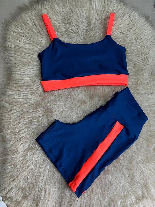 Conjunto Short Aline+Top Alça Reta Cor Azul Marinho+Laranja Neon