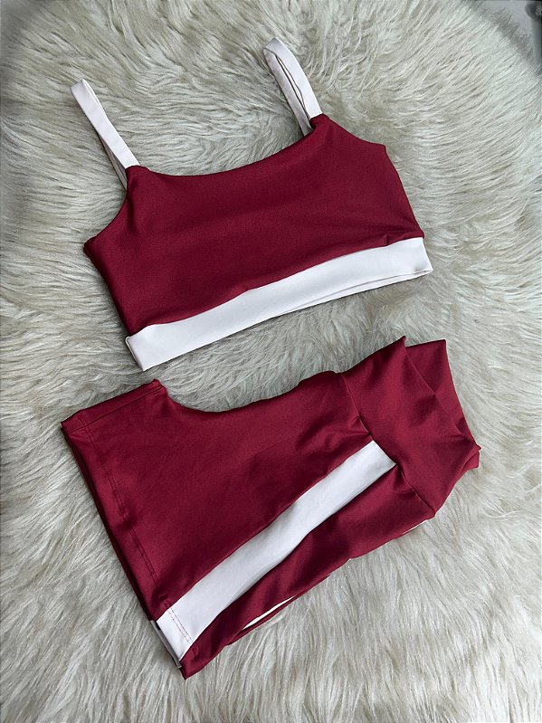 Conjunto Short Aline+Top Alça Reta Cor Marsala+Off
