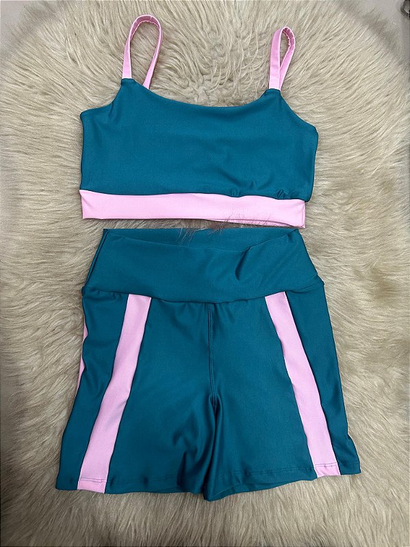Conjunto Short Aline+Top Alça Reta Cor Verde Petroleo+Rosa BB