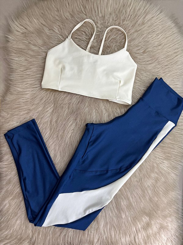 Conjunto Legging Lary+Top Tiras Cor Azul Marinho+Off