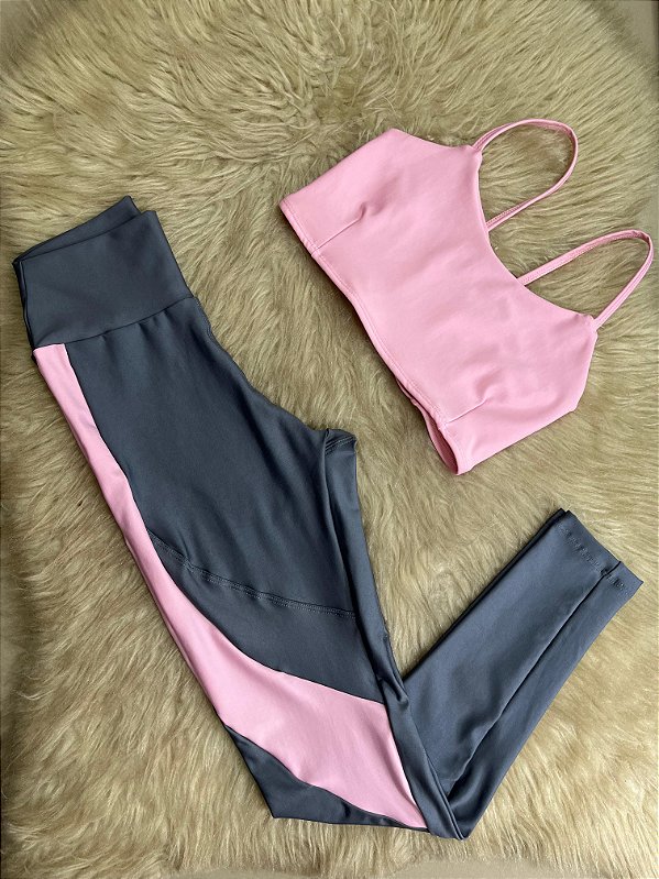 Conjunto Legging Lary+Top Tiras Cor Cinza+Rosa BB