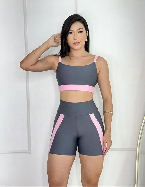 Conjunto Short Aline+Top Alça Reta Cor Cinza+Rosa BB