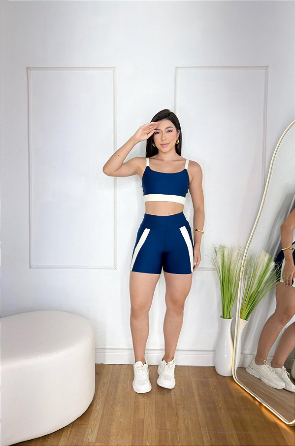 Conjunto Short Aline+Top Alça Reta Cor Azul Marinho+Off