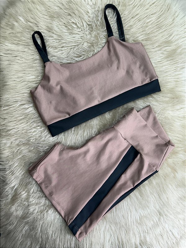 Conjunto Short Aline+Top Alça Reta Cor Cappucino+Preto