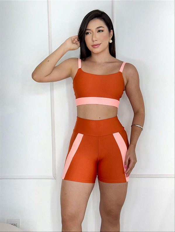 Conjunto Short Aline+Top Alça Reta Cor Telha+Salmão
