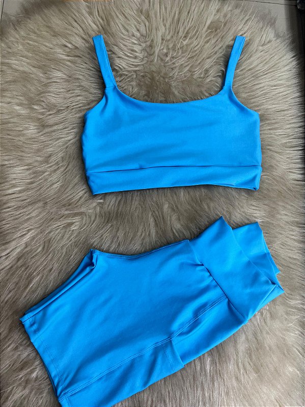 Conjunto Short Bolso+Top Alça Reta Cor Azul Céu