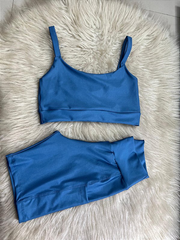 Conjunto Short Bolso+Top Alça Reta Cor Azul Petróleo