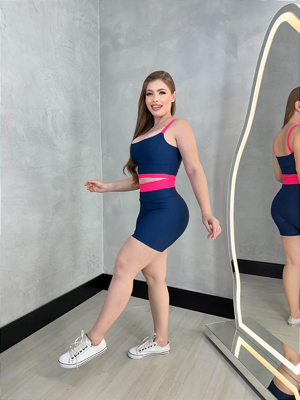 Conjunto Tamires Short+ Top Bicolor Cor Azul Marinho+Rosa Neon