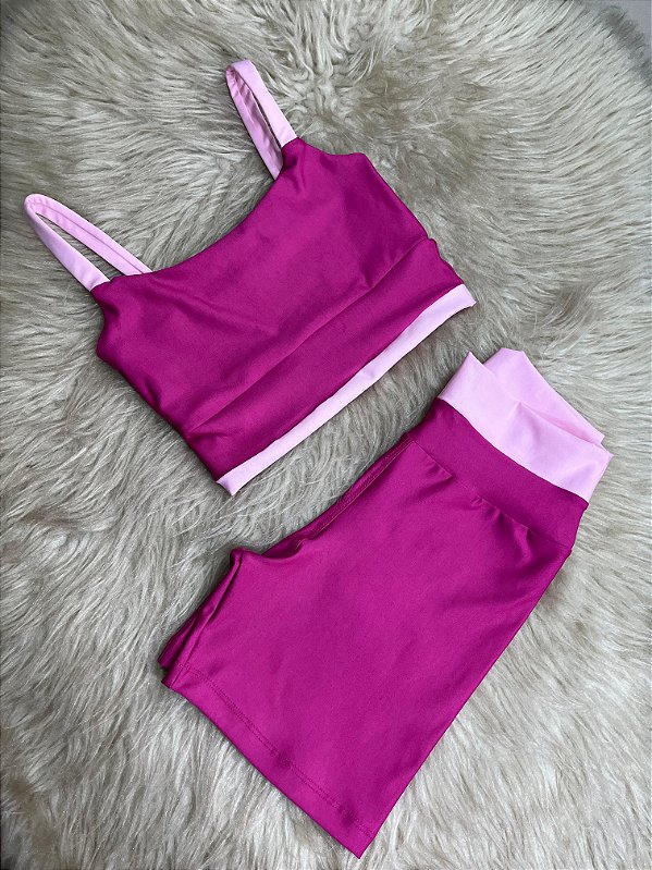 Conjunto Tamires Short+ Top Bicolor Cor Rosa Fuschia+Rosa BB