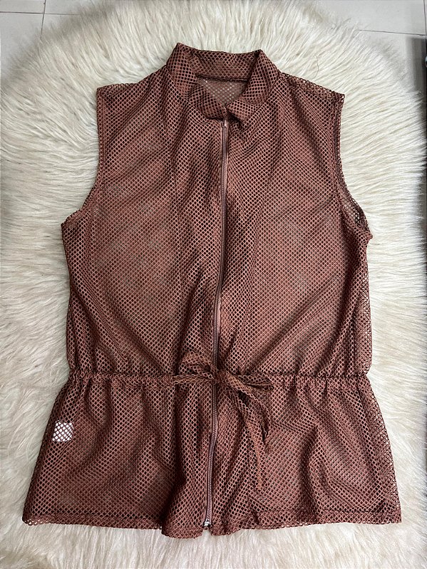Blusa Colete Arrastão com Ziper Poliamida Cor Marrom