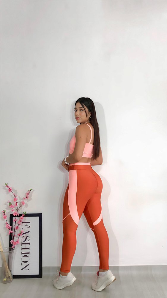 Conjunto Legging Vivo+Top Alça Reta Cor Terra Cota+Salmão