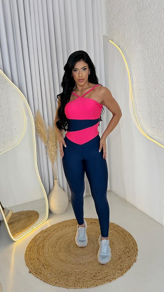 Macacão Longo Dany Cor Azul Marinho+Rosa Neon