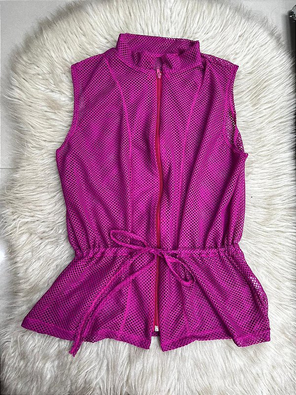 Blusa Colete Arrastão com Ziper Poliamida Cor Rosa Fuschia