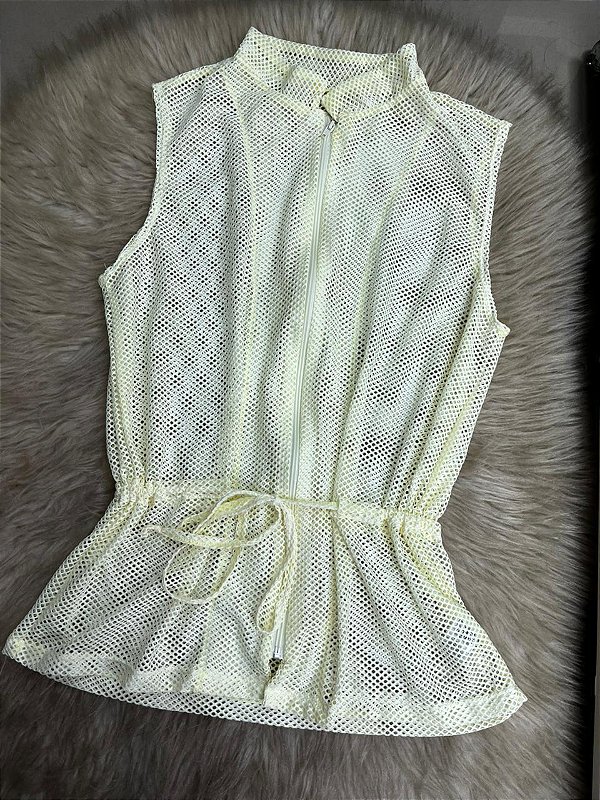 Blusa Colete Arrastão com Ziper Poliamida Cor Off