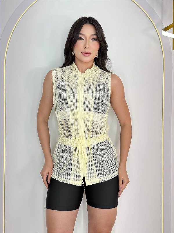 Blusa Colete Arrastão com Ziper Poliamida Cor Off