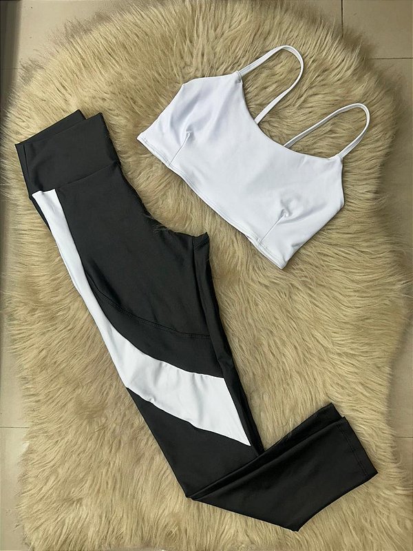 Conjunto Legging Lary+Top Tiras Cor Preto+Branco