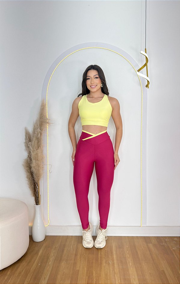 Conjunto Legging Força+Top Cor Rosa Fuschia+Amarelo Manteiga