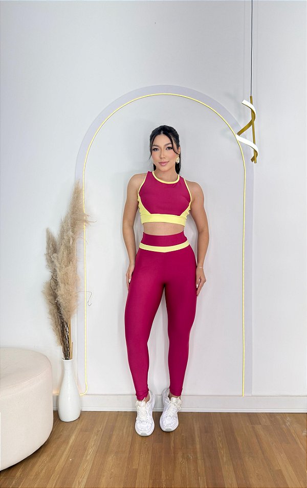 Conjunto Legging Movimento+Top Cor Rosa Fuschia+Amarelo Manteiga