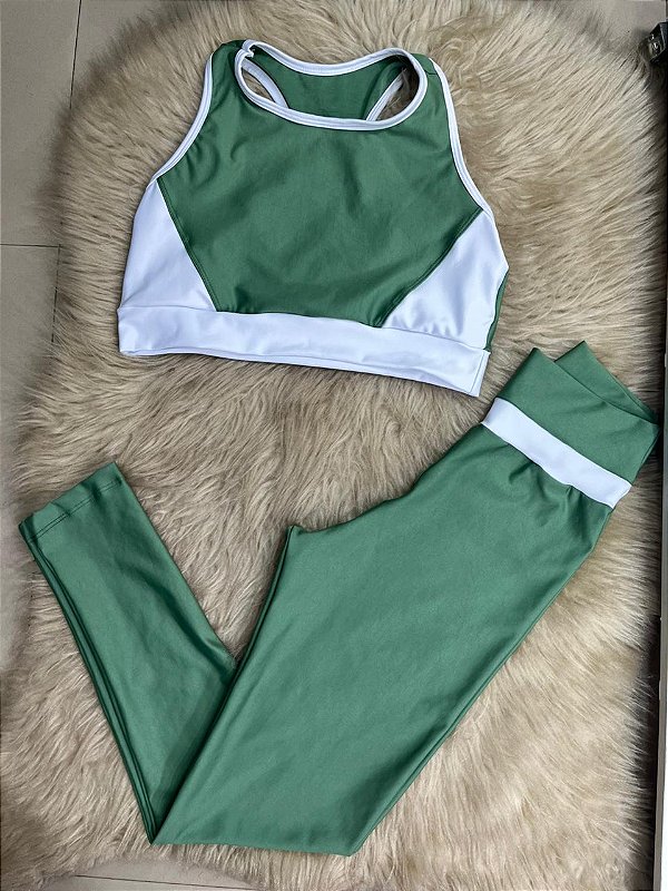 Conjunto Legging Movimento+Top Cor Verde Oliva+Branco