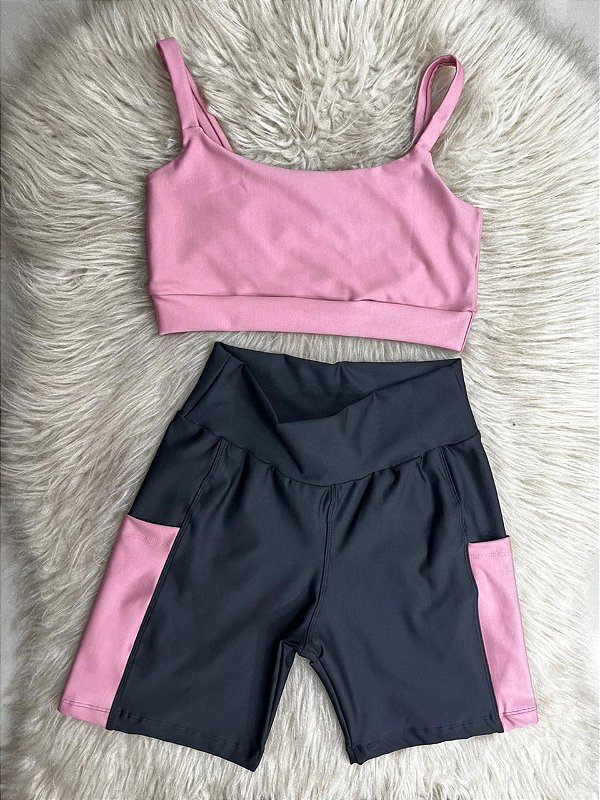 Conjunto Short Bolso+Top Alça Reta Cor Preto+Rosa BB