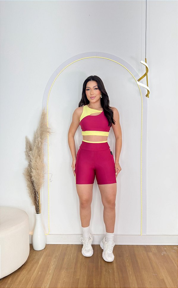 Conjunto Desempenho Short+Top Cor Rosa Fuschia+Amarelo Manteiga