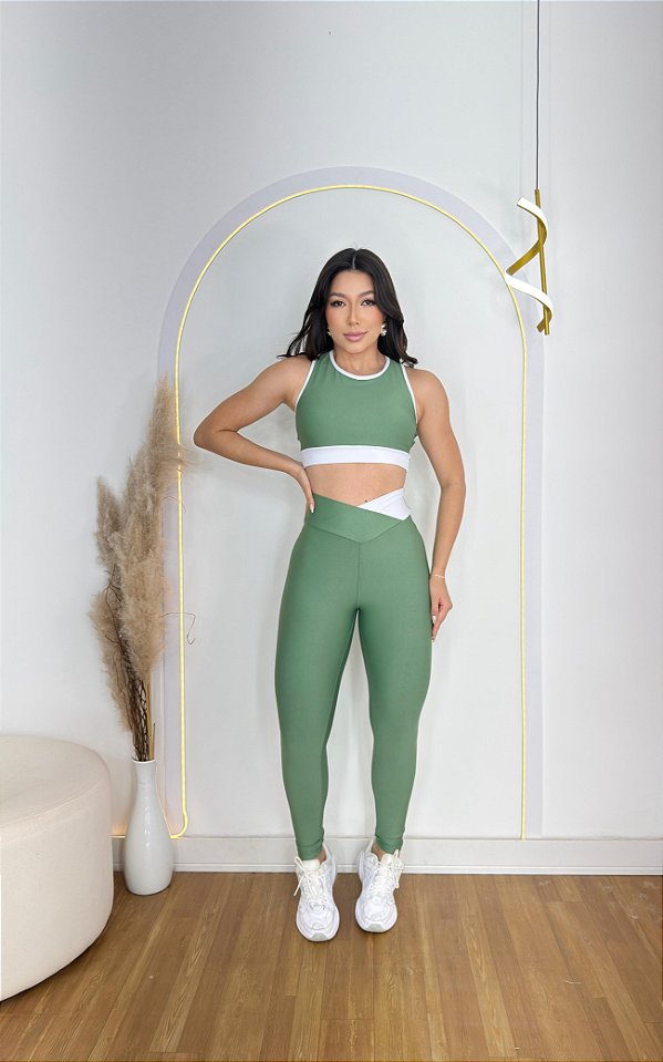Conjunto Energia Legging+Top Cor Verde Oliva+Branco