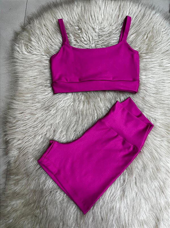 Conjunto Short Crossfit + Top Alça Reta Cor Rosa Fuschia