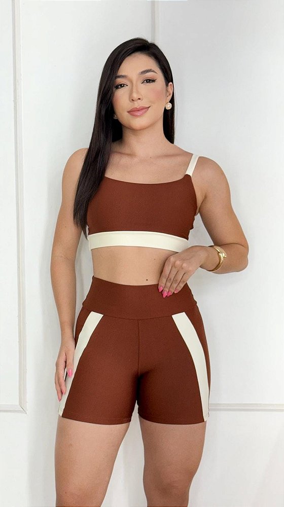 Conjunto Short Aline+Top Alça Reta Cor Cobre+Off