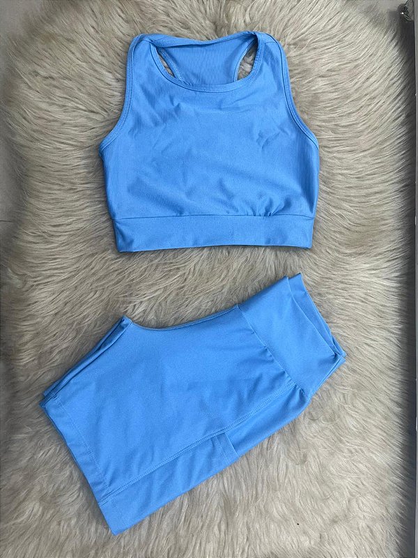 Conjunto Corrida Canelado Short Bolso+Top Cor Azul Celeste