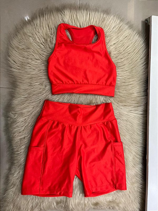 Conjunto Corrida Canelado Short Bolso+Top Cor Laranja Forte