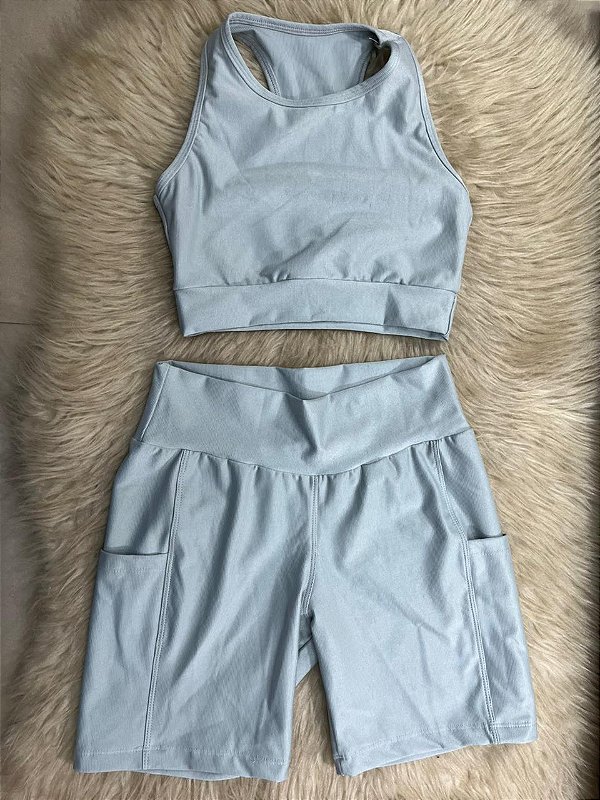 Conjunto Corrida Canelado Short Bolso+Top Cor Prata